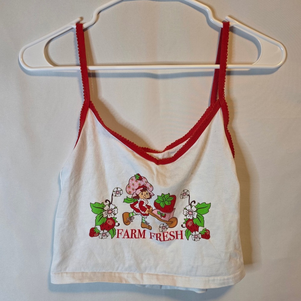Strawberry Shortcake Graphic Cami Crop Top XS White Red Coquette Y2K Kidcore
